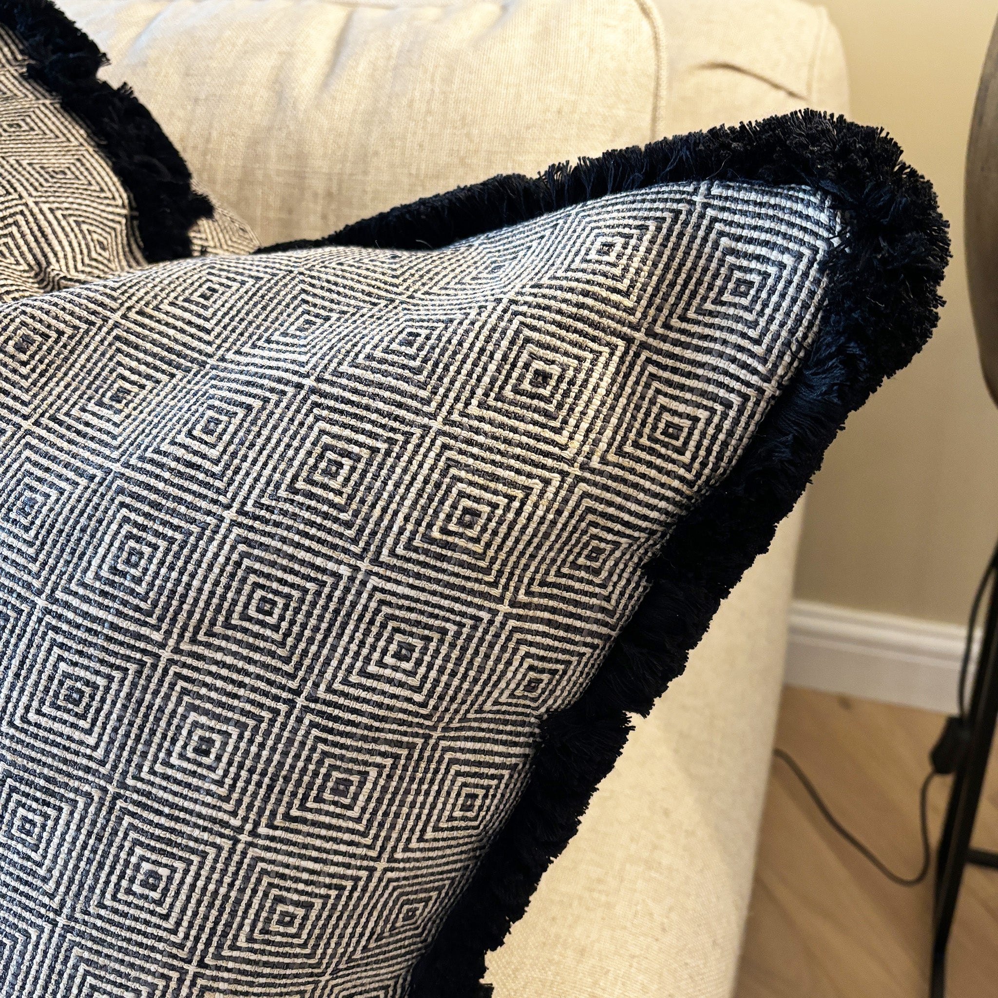 Black and White Geometric Patterned Cushion with Black Piping